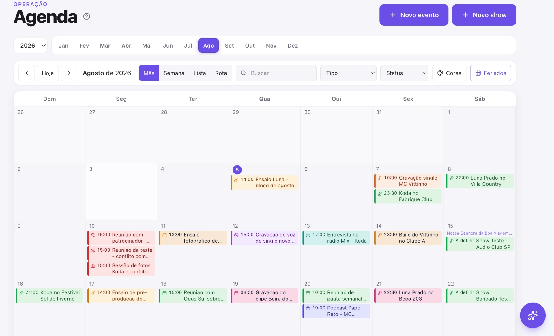 Painel de operação do ShowMais, com agenda, shows e financeiro reunidos
